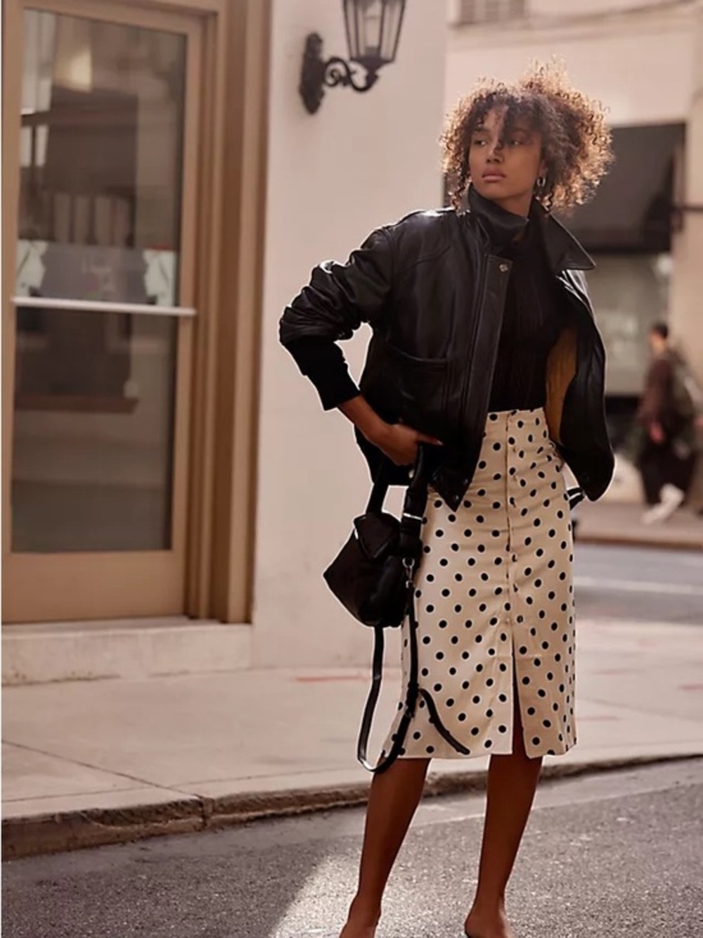 Free People Analise Beige/blk Polka Dot Satin Midi Skirt